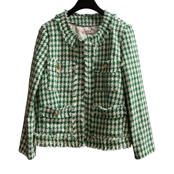 Nanette Lapore Blazer Women L Kelly Green Houndstooth Tweed Fringe Jacket Office - Picture 1 of 7